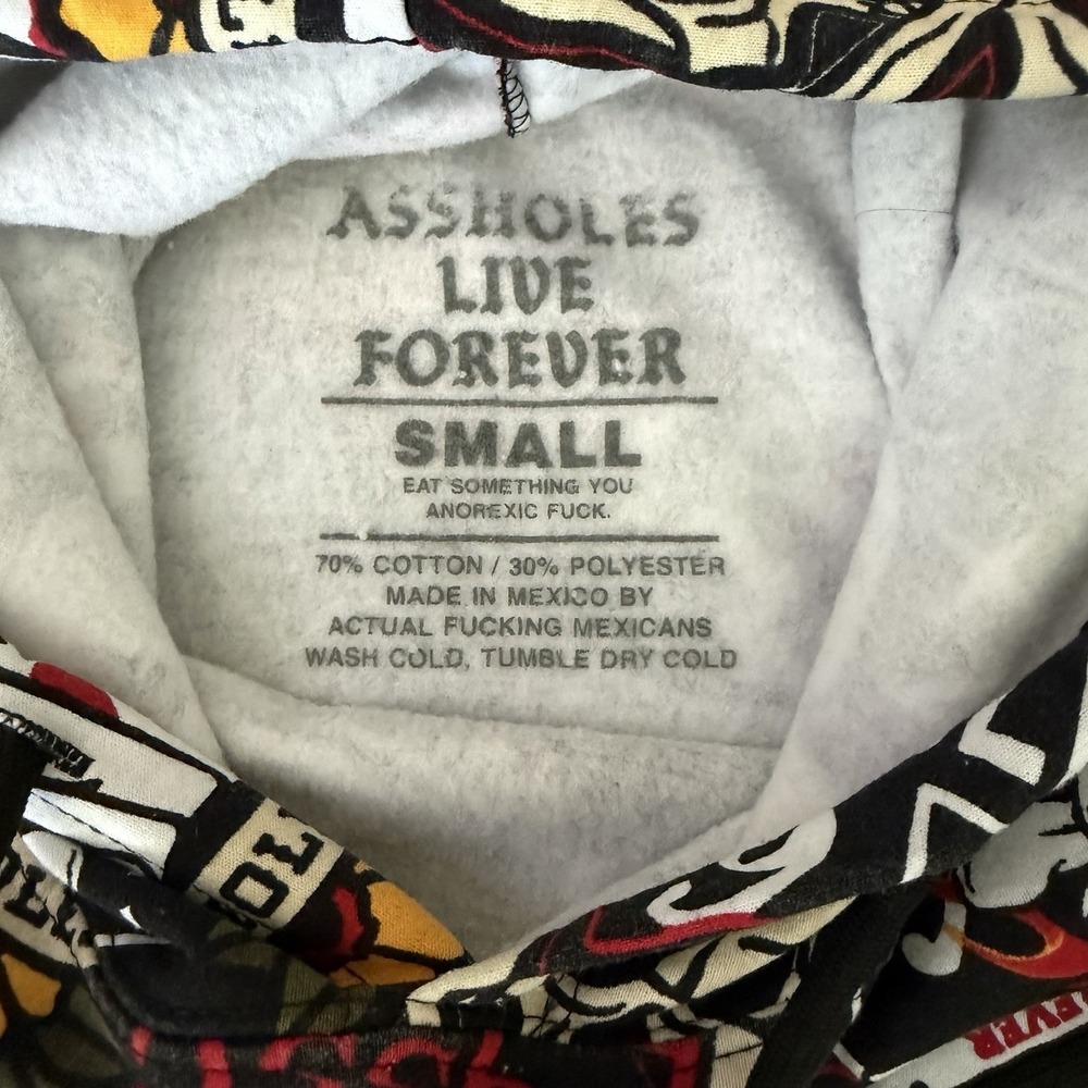 Assholes*s Live Forever AOP Skull Tattoo Hoodie‎ SMALL Rocker Punk Biker Grunge - Picture 7 of 10